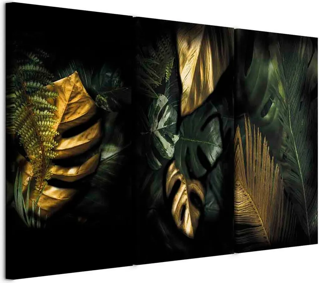 Quadro Foglie Oro 120x80 cm 3 Pannelli - Tela TNT Design Moderno