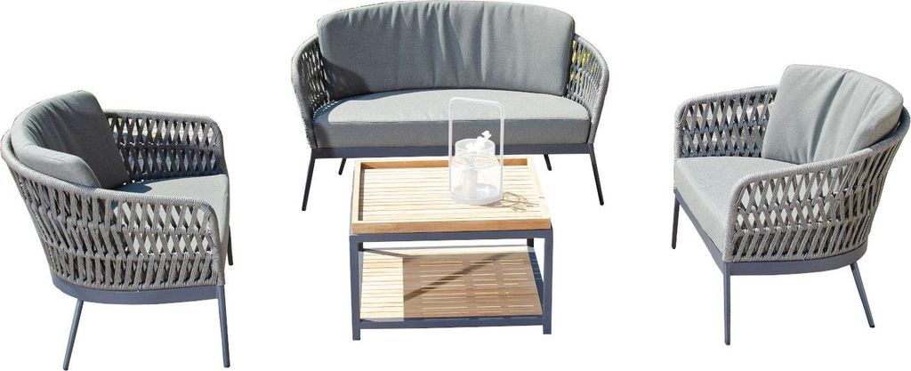 Sonnenpartner 4-teilige Lounge-Sitzgruppe Advokat & Square mit Tisch Aluminium mit Teakholz/Polyrope grau Loungegruppe