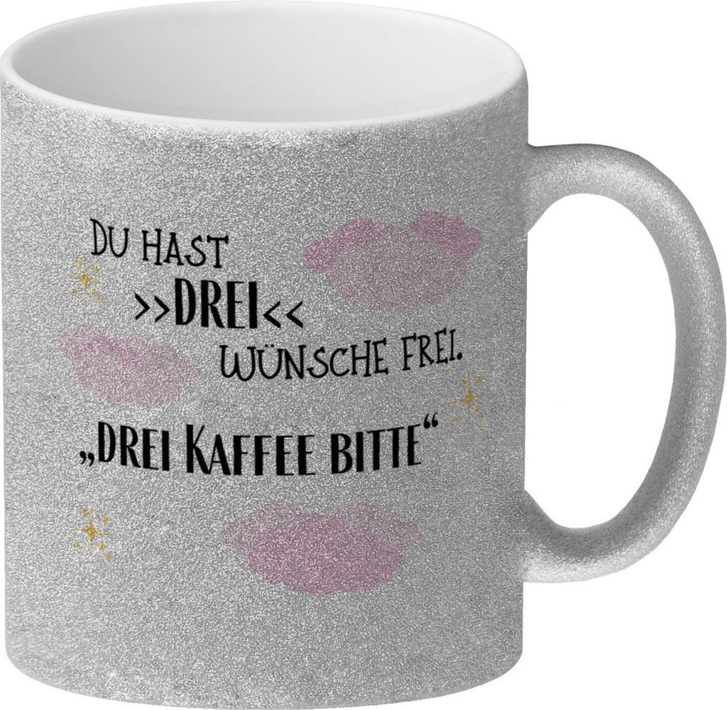 Drei Wünsche Frei Glitzer-Kaffeebecher Drei Kaffee bitte