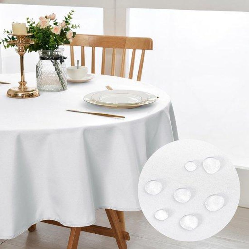Wit Tafelkleed Rund 180cm, Wasserdicht Waschbar für Eßtisch, Garten, Party, Hochzeit oder Haushalt