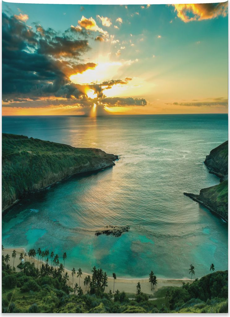 Abakuhaus hawaiisch Wandteppich, Hanauma Bay auf Oahu aus Weiches Mikrofaser Stoff Kein Verblassen Klare Farben Waschbar, 110 x 150 cm, Türkis Gel...
