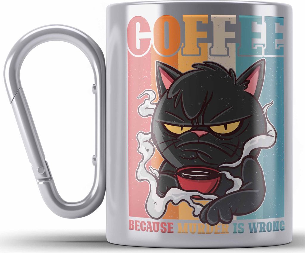 Trendation - Coffee Because Murder Is Wrong Edelstahl Tasse Karabiner Geschenk Katzen Damen Geschenkidee Vintage Sarkasmus (Silber)