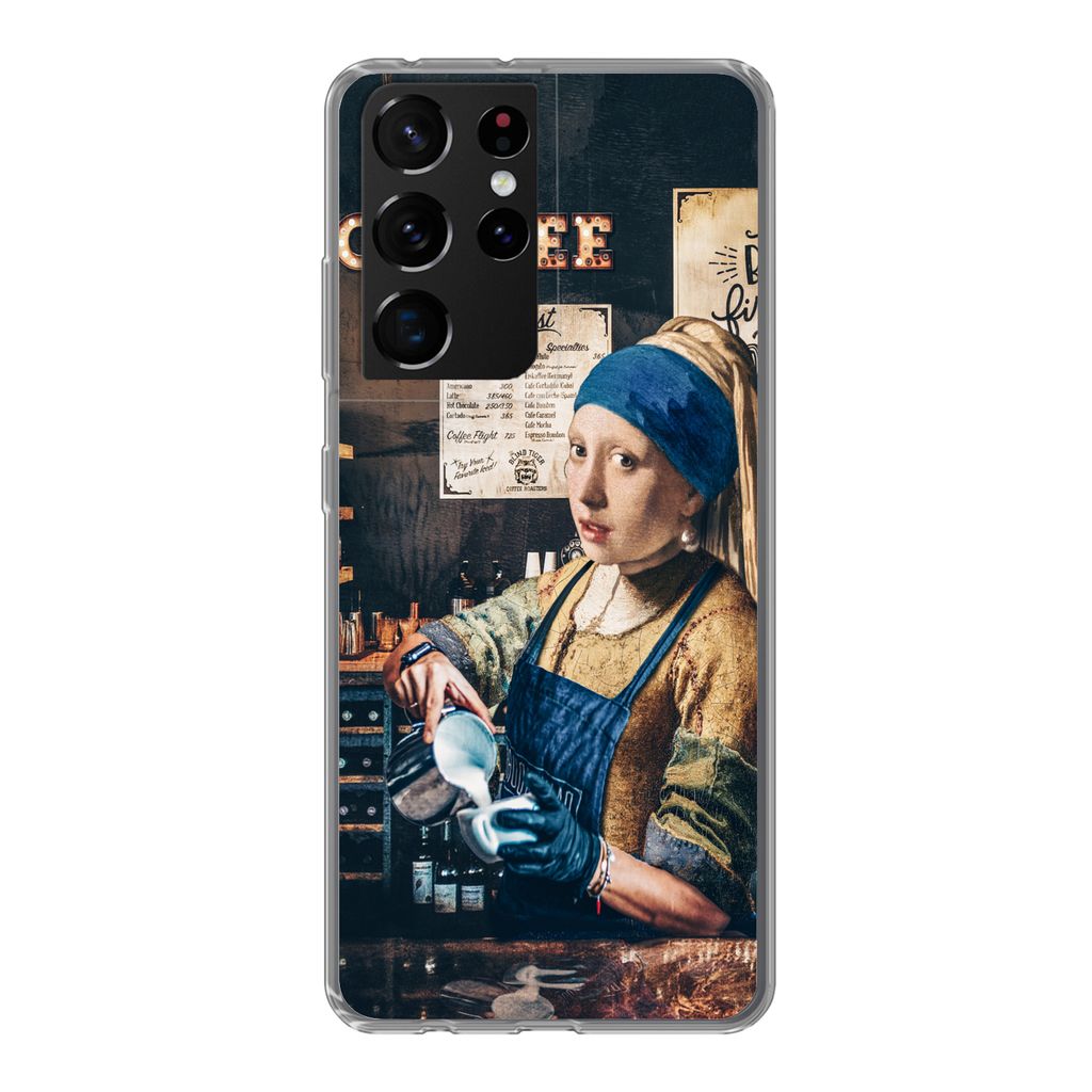 MuchoWow Handyhülle Schutzhülle Hülle für Samsung Galaxy S21 Ultra Mädchen mit Perlenohrring - Cappuccino - Barista - Vermeer - Kaffee - Gem...