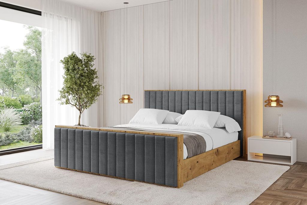 ALTDECOR Polsterbett mit Bettkasten - ENZO4-Z - 200x200 Dunkelgrau- Bett mit Matratze H3/H4, Kopfteil und Fußteil, Boxbett, Doppelbett mit Stauraum