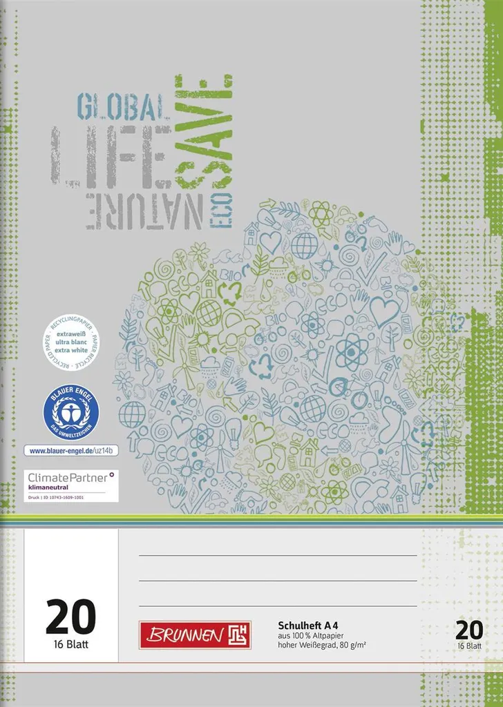 Lot de 25 cahiers BRUNNEN 104412001 A4 ligné 20 pour école et bureau