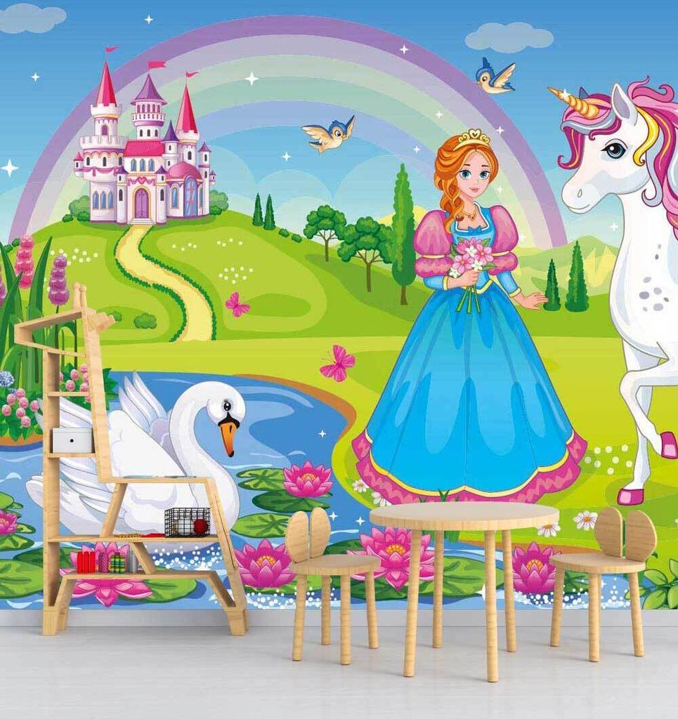 Fototapete Zauberland Prinzessin mit Einhorn, Material:Premium Vlies 150g/qm, Größe Tapete:260 x 260cm