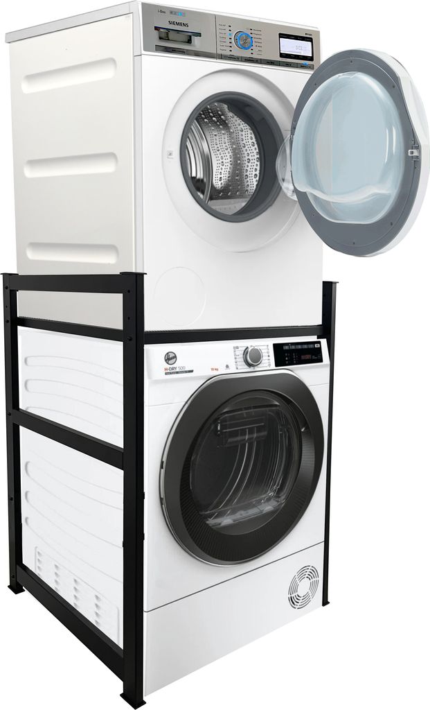 Waschmaschinenregal 74x65x111cm Schwarz | Regal Gestell für Waschmaschine und Trockner Übereinander | Standregal Badezimmer Waschmaschinenschrank...
