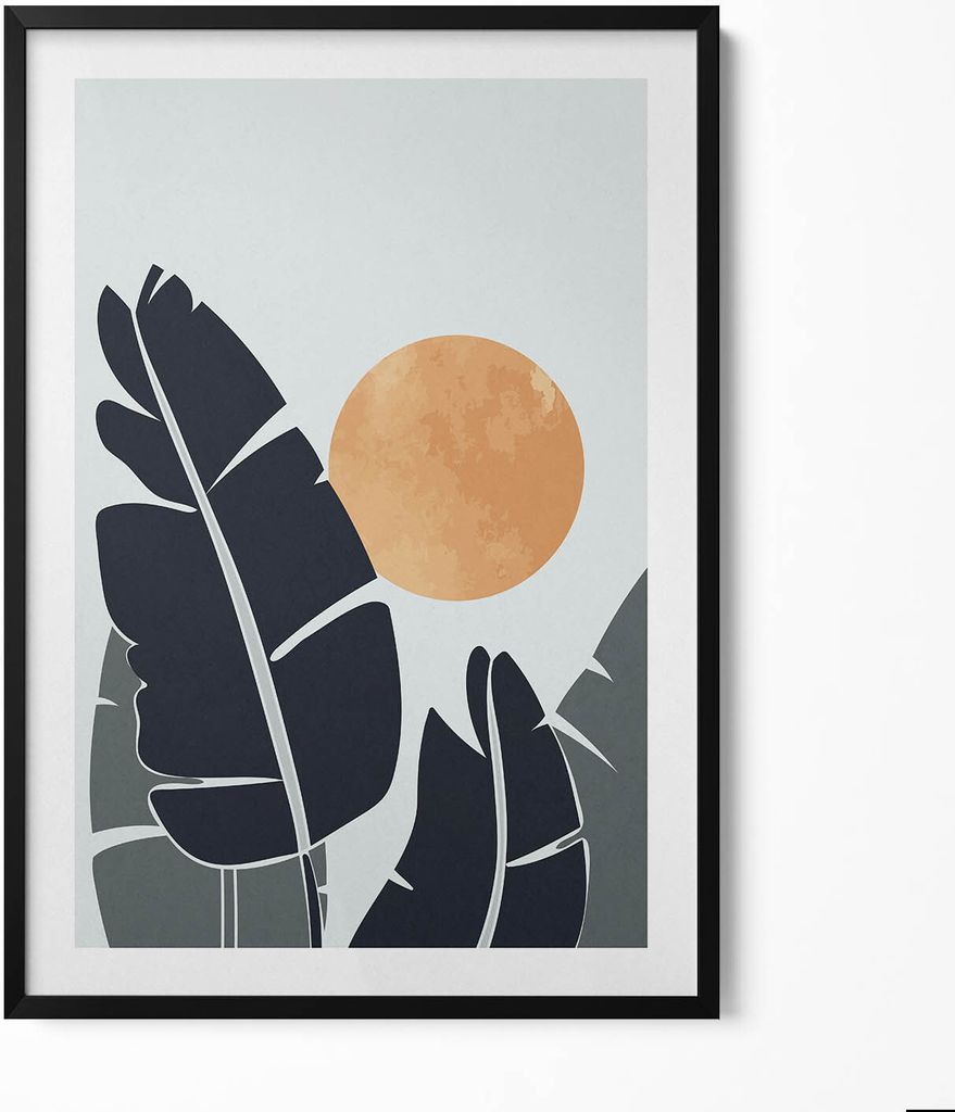 Minimalistische Pflanzen und Sonne im Boho-Stil– Wandbild mit Rahmen – Gerahmtes Bild – Wanddekoration – 70x100 cm – Schwarz Rahmen