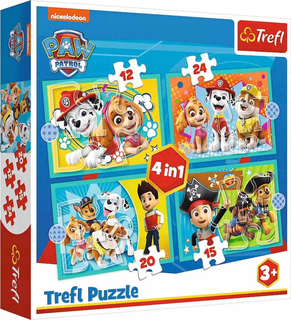 Trefl, TR34346 Puzzle, Das lustige Team von PAW Patrol, von 12 bis 24 Teilen, 4 Sets, für Kinder ab 3 Jahren