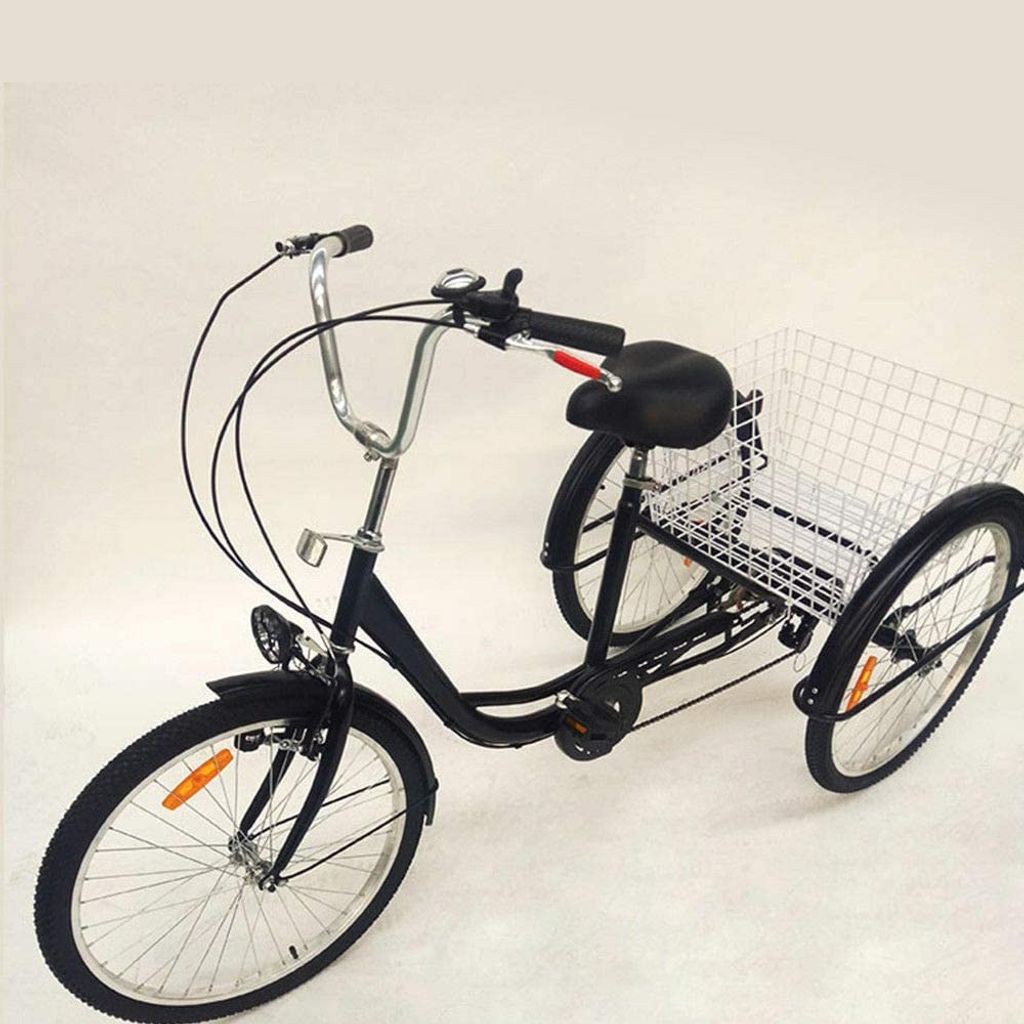 Zähne Aluminiumlegierung Kohlenstoffstahl Rahmen Dreirad für Erwachsene 24 Zoll 6 Geschwindigkeit 3 Rad Senioren Fahrrad Cityräder Tricycle mit Korb und Licht
