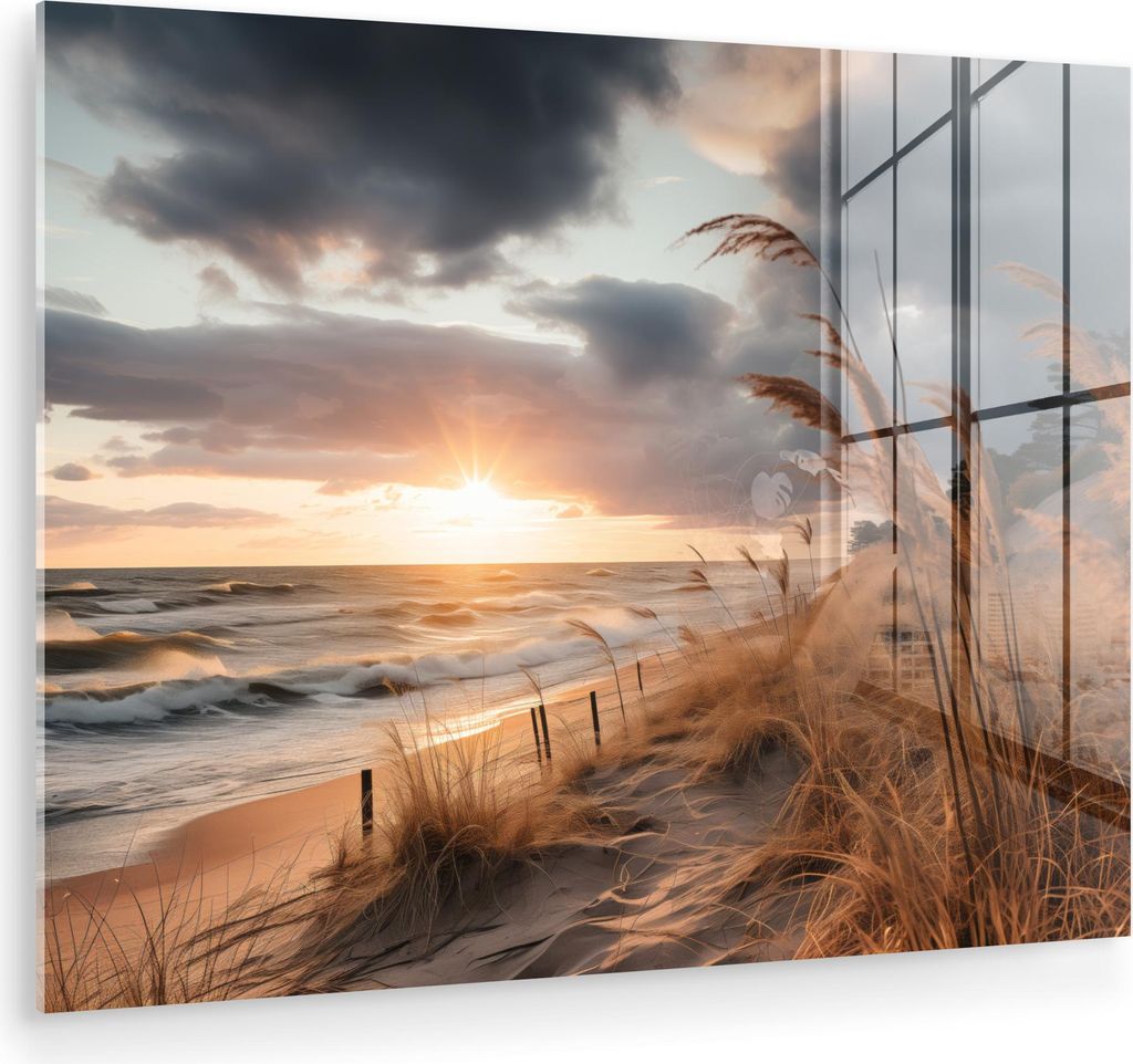 MuchoWow Glasbilder - Bilder auf Wandbild - Foto auf Glas Strand - Dünen - Meer - Sand - Hochgras 40x30 cm Wanddekoration aus Glas - Acrylglasbild...