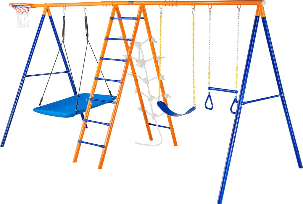 SucceBuy 6-in-1 Swing Set, 440lbs Kapazität, 2 Schaukeln, Trapez, Leiter, Kletternetz, Basketballkorb für Hinterhof