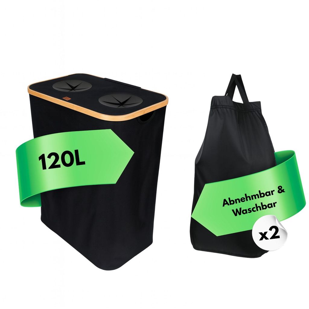 Valle Verde 120L Pfandflaschen Sammelbehälter, 2 Fächer Flaschensammler, Leergut Aufbewahrung - Bambusrahmen & 2x Innentasche - Schwarz, 54x33x68 cm