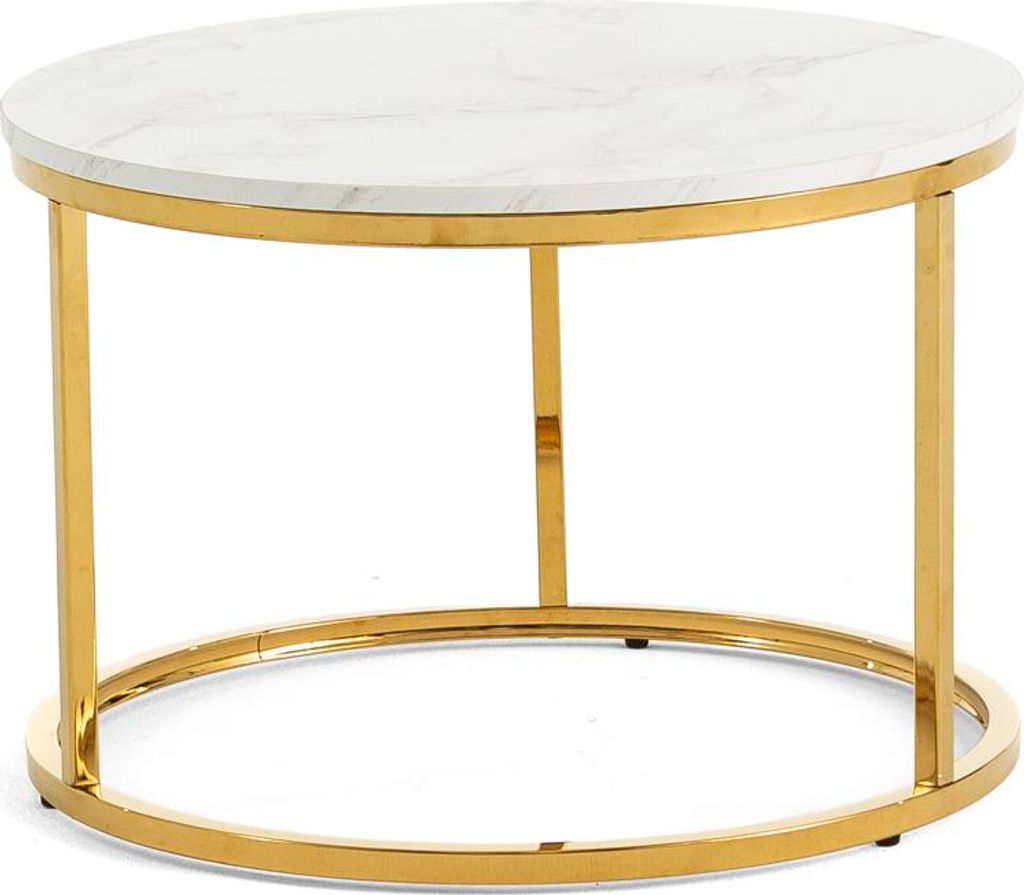 Runder Couchtisch Ø60 cm mit Struktur aus verchromtem Metall und Tischplatte aus Melamin in weißer Marmoroptik, moderner Beistelltisch für Wohnz...
