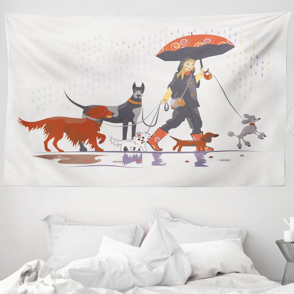 ABAKUHAUS Bunt Wandteppich, Mädchen mit Hund im Regen aus Weiches Mikrofaser Stoff Waschbar ohne Verblassen Digitaldruck, 230 x 140 cm, Mehrfarbig