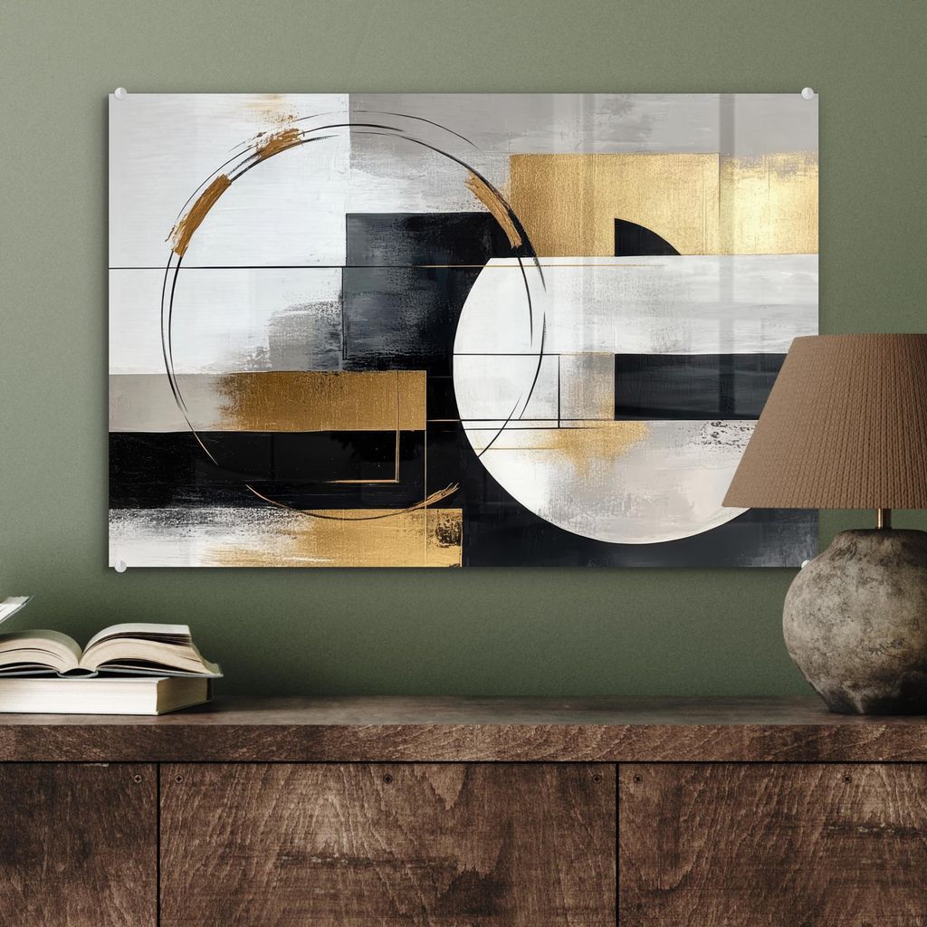 MuchoWow Glasbilder - Bilder auf Wandbild - Foto auf Glas Abstrakt - Gold - Silber - Formen - Ästhetik 60x40 cm Wanddekoration aus Glas - Acrylgla...