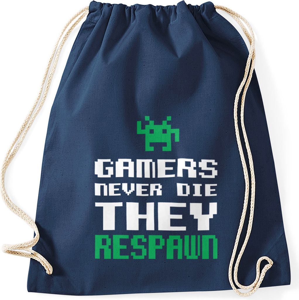 Turnbeutel Gamers never die they respawn Spruch Pixel Zocker 90er 80er Retro Gymbag Moonworks navy unisize