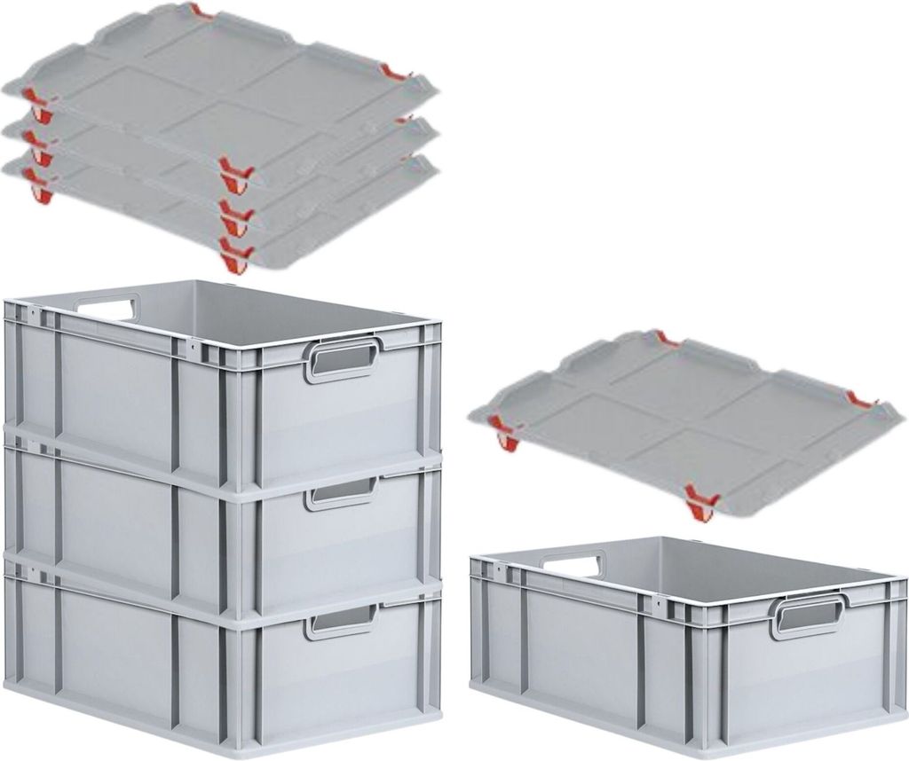 SuperSparSet 4x Eurobox NextGen Grip mit Auflagedeckel inkl. 4 roten Schiebeschnappverschlüssen | HxBxT 22x40x60cm | 44 Liter | Griffe offen | Ver...