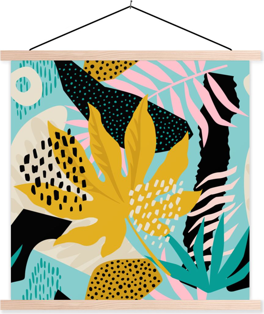 MuchoWow Textilposter Blätter - Muster - Farben - Kinder - Mädchen - Kinder 40x40 cm mit holzfarbenen Rahmen - Posterleiste