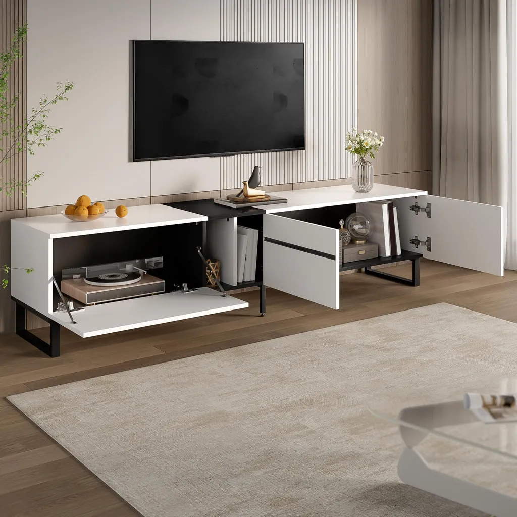Merax Meuble TV bas blanc avec abattant et compartiments ouverts design - 2