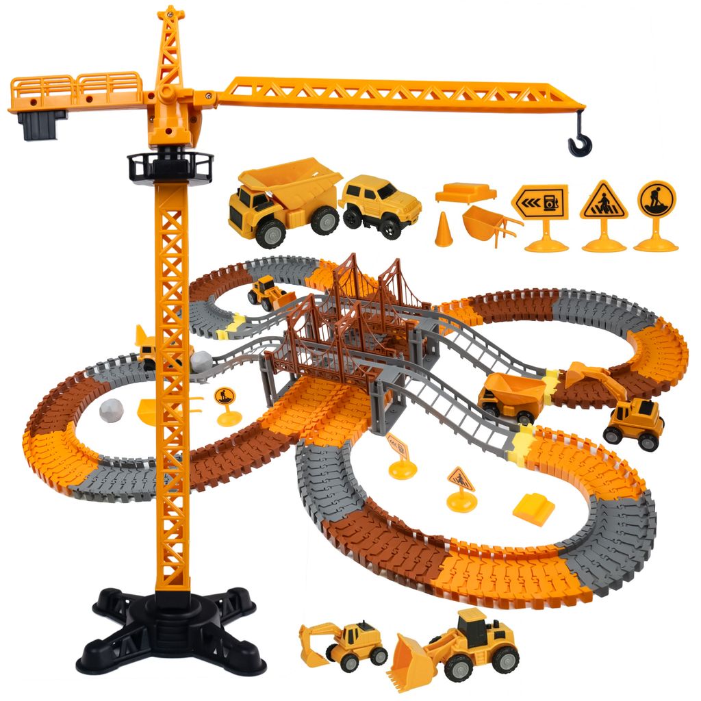 Riesen-Rennstrecke – 273 Teile, flexible Bahn, Elektroauto & Kran, kreatives Bauset für Kinder