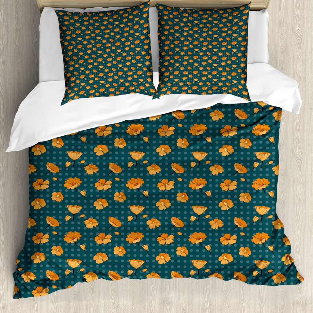 ABAKUHAUS Blume Bettbezug Set für Einzelbetten, Petal und Knospen auf Tupfen, Milbensicher Allergiker geeignet mit Kissenbezug, 200 cm x 200 cm - ...