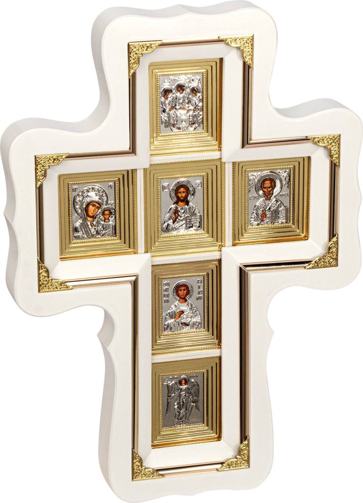 Christliche Ikonen naturholz weiß Wand-Kreuz 38x27cm Hausaltar metallisiert