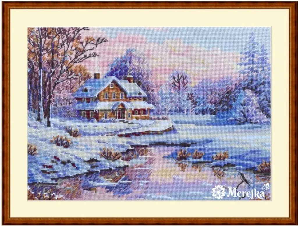 Tableau brodé DIY La première neige - Kit Point de Croix Merejka K-240