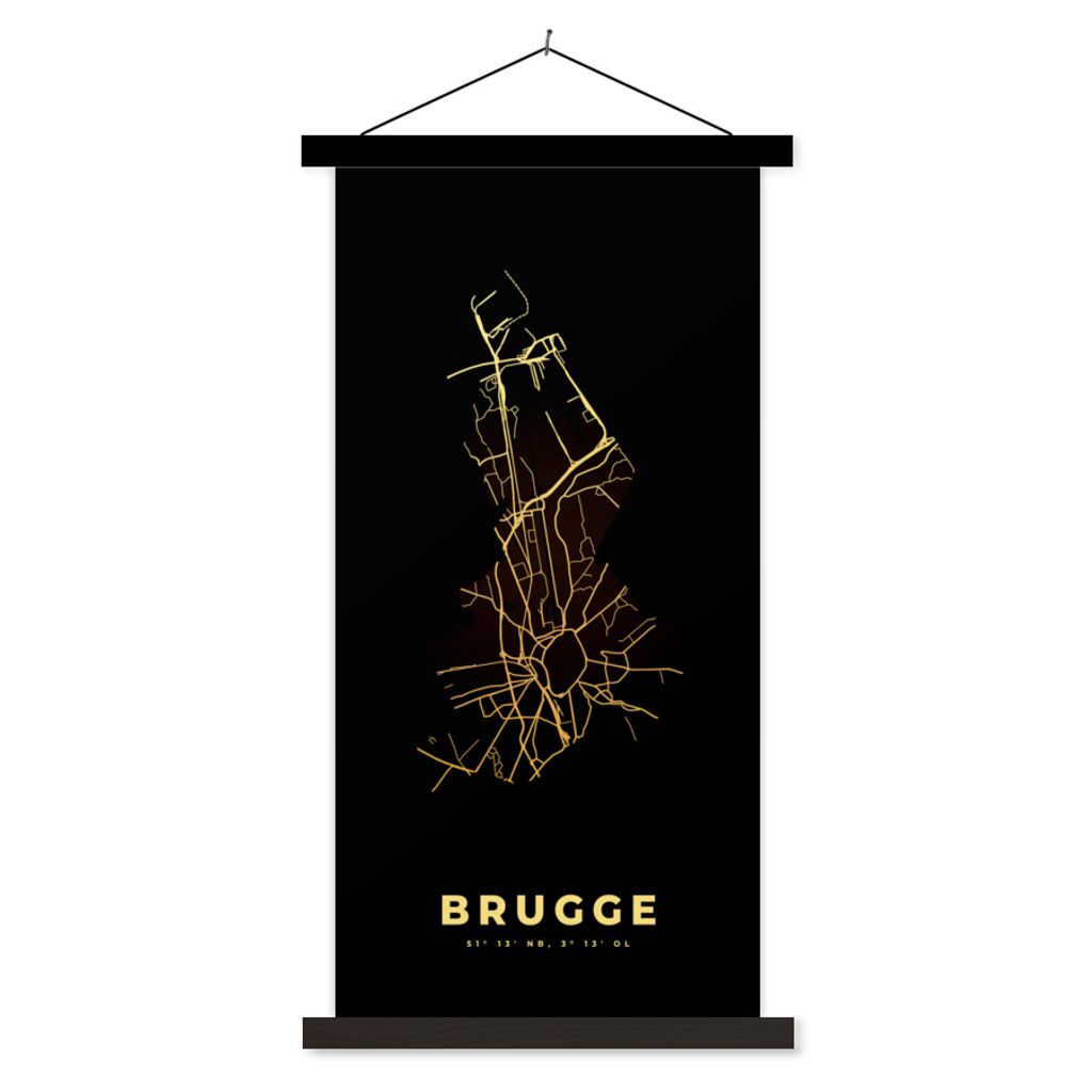 MuchoWow Textilposter Karte - Brügge - Stadtplan - Belgien - Gold 40x80 cm mit schwarzem Rahmen - Wandemalerei