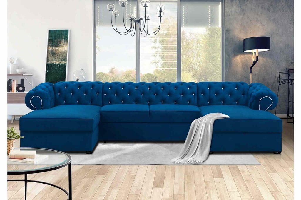 FURMEB 24 ECKSOFA mit Schlaffunktion SWAROVSKI U 348 x 180 cm BLAU