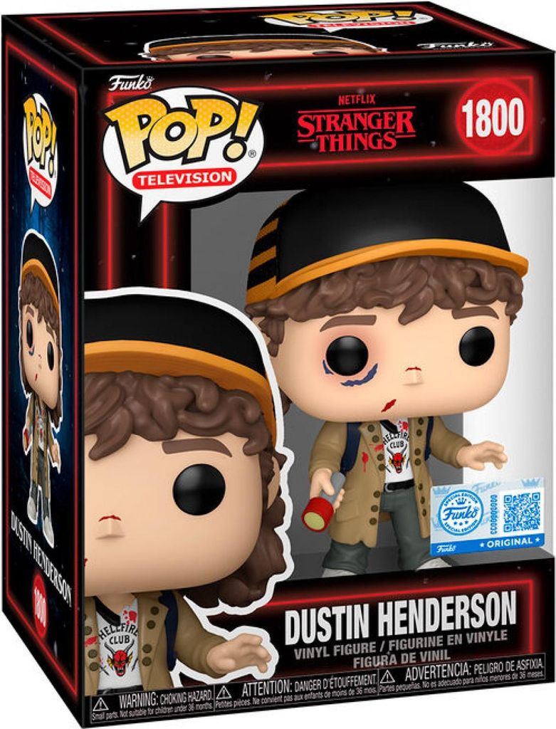 A Funko Pop! vinyl figure of Dustin Henderson from Stranger Things, displayed in its original packaging.