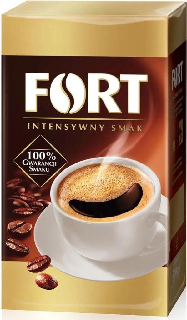 A product shot of a coffee package with a cup of coffee and coffee beans.