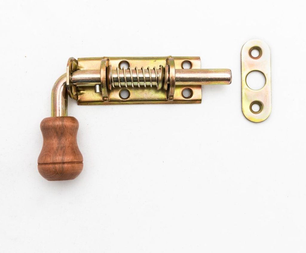 BKshop | Türriegel - Federriegel - 100x30 mm - Gelb Verzinkt - Für Türen und Schränke - Torriegel - WSPU 100 - Griff aus Holz