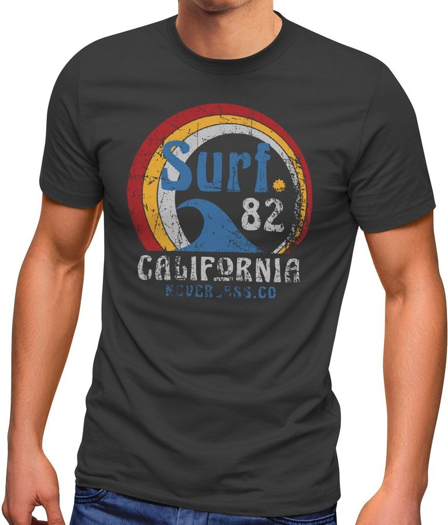 Herren T-Shirt Surf Logo California USA Welle Surfing Style Aufdruck Print Fashion Streetstyle Neverless dunkelgrau 4XL