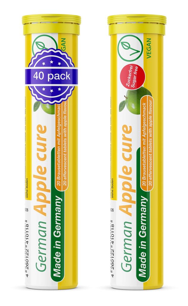 German Apple cure Brausetabletten 2x20 Stk. Apfelgeschmack - 256,5 mg Apfelessig, 2 mg Vitamin B6 Zuckerfrei - T&D Pharma - Germany