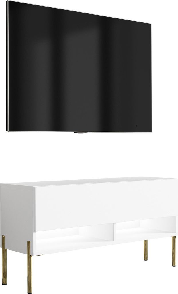 TV-Lowboard 100 cm Mattweiß, gerade goldene Beine, weiße LED, 100 × 32 × 52 cm