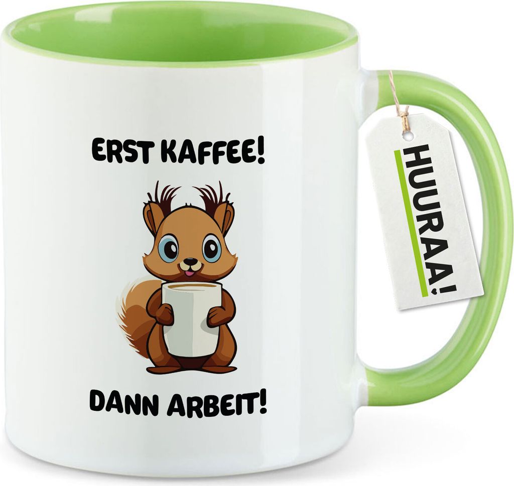 Huuraa Kaffeetasse Erst Kaffee dann Arbeit Eichhörnchen 330ml Grün Keramik Kaffeebecher Geschenkidee