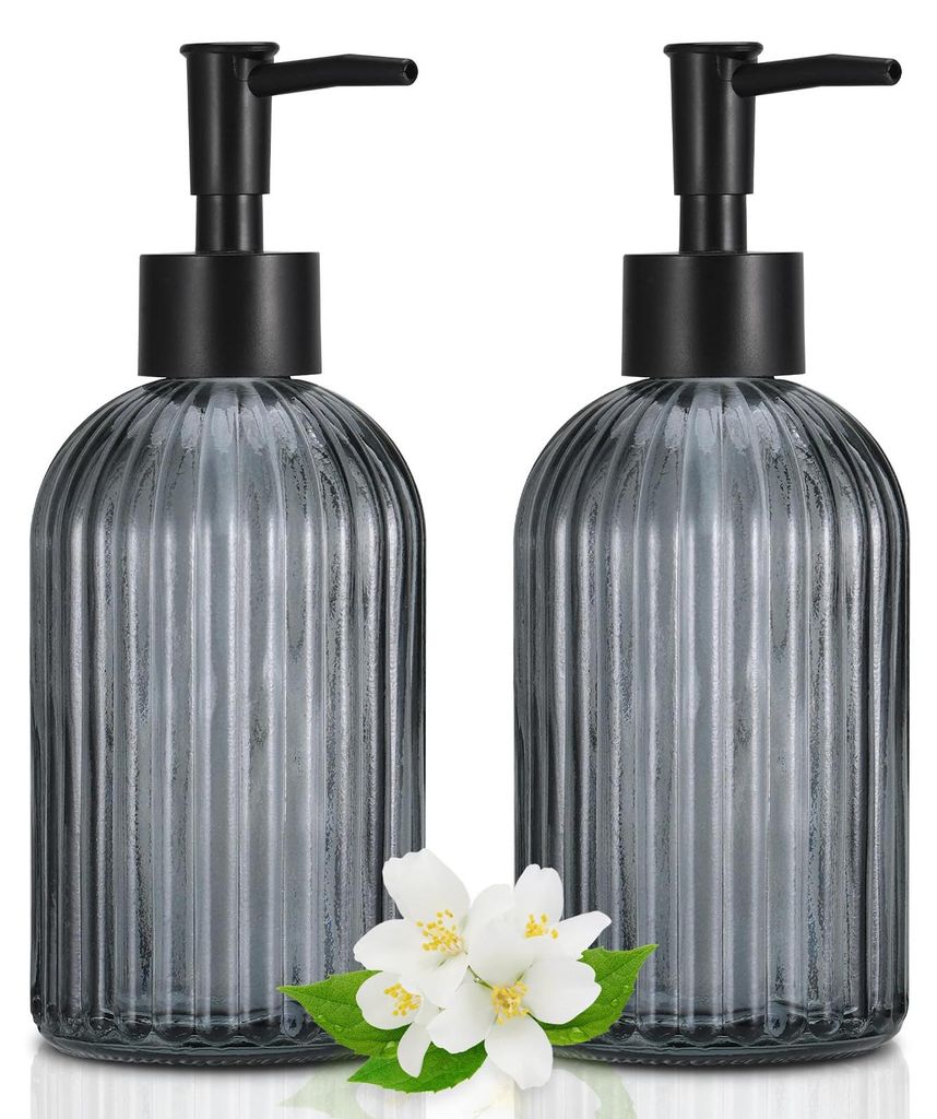 2-teiliges Seifenspender-Set aus Glas, schwarz, 400 ml, wiederverwendbarer Spülmittelspender, Handseifenspender, Flüssigseifenspender, Glaspumpen...