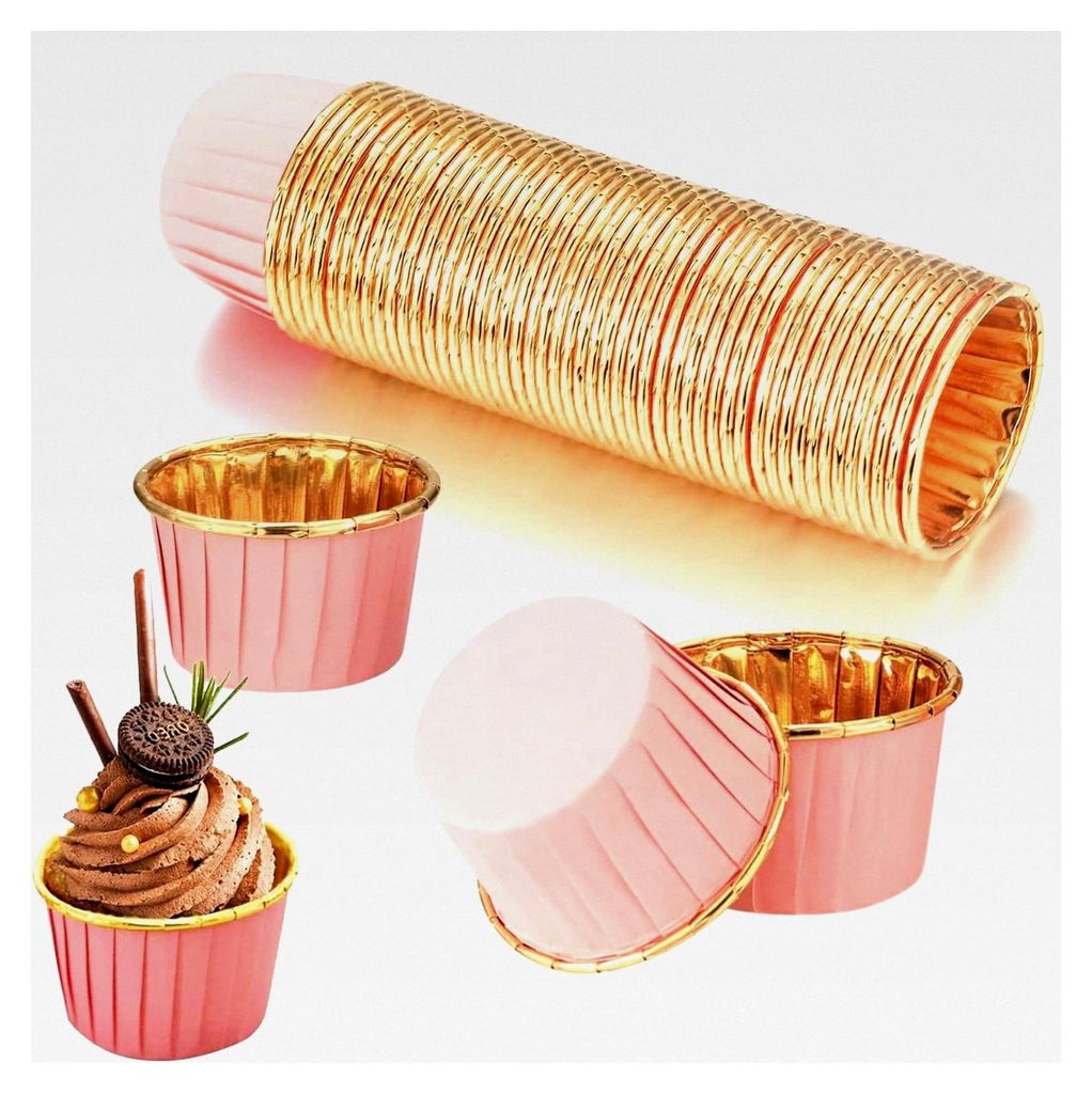 Papier Muffinförmchen, Cupcake Formen, Antihaftbeschichtete Backbecher, Aluminiumfolie Backförmchen für Cupcakes und Desserts, 50 Stück (Pink-G...