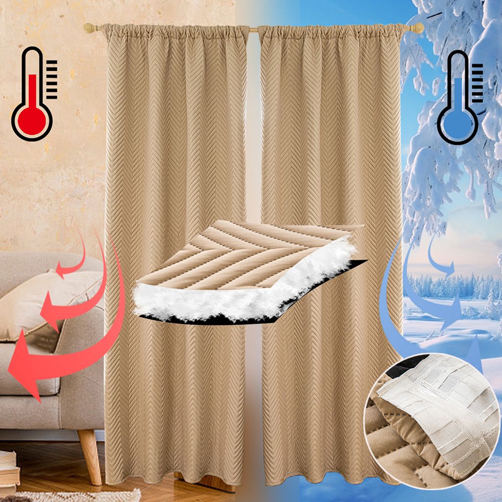 Dicke Thermovorhang Kälteschutz Winter Blickdichte Vorhänge Wärmeisolierend Doppellagige Verdunkelnde Gardinen Wohnzimmer 2 Stück Beige 140x245cm