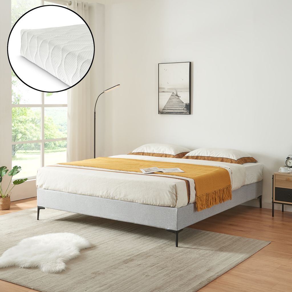 Doppelbett ‘Lilla’ mit Matratze Polsterbett mit abnehmbarem Bezug Textil 180 x 200 cm Hellgrau