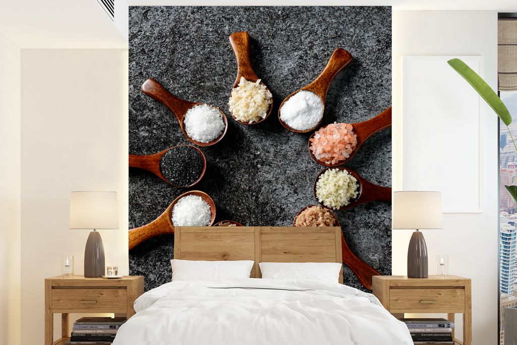 MuchoWow Fototapete für Wohnzimmer oder Schlafzimmer Wandtapete Vinyl Motivtapete Löffel - Kräuter - Gewürze - Küche - Industrie - 165x220 c...