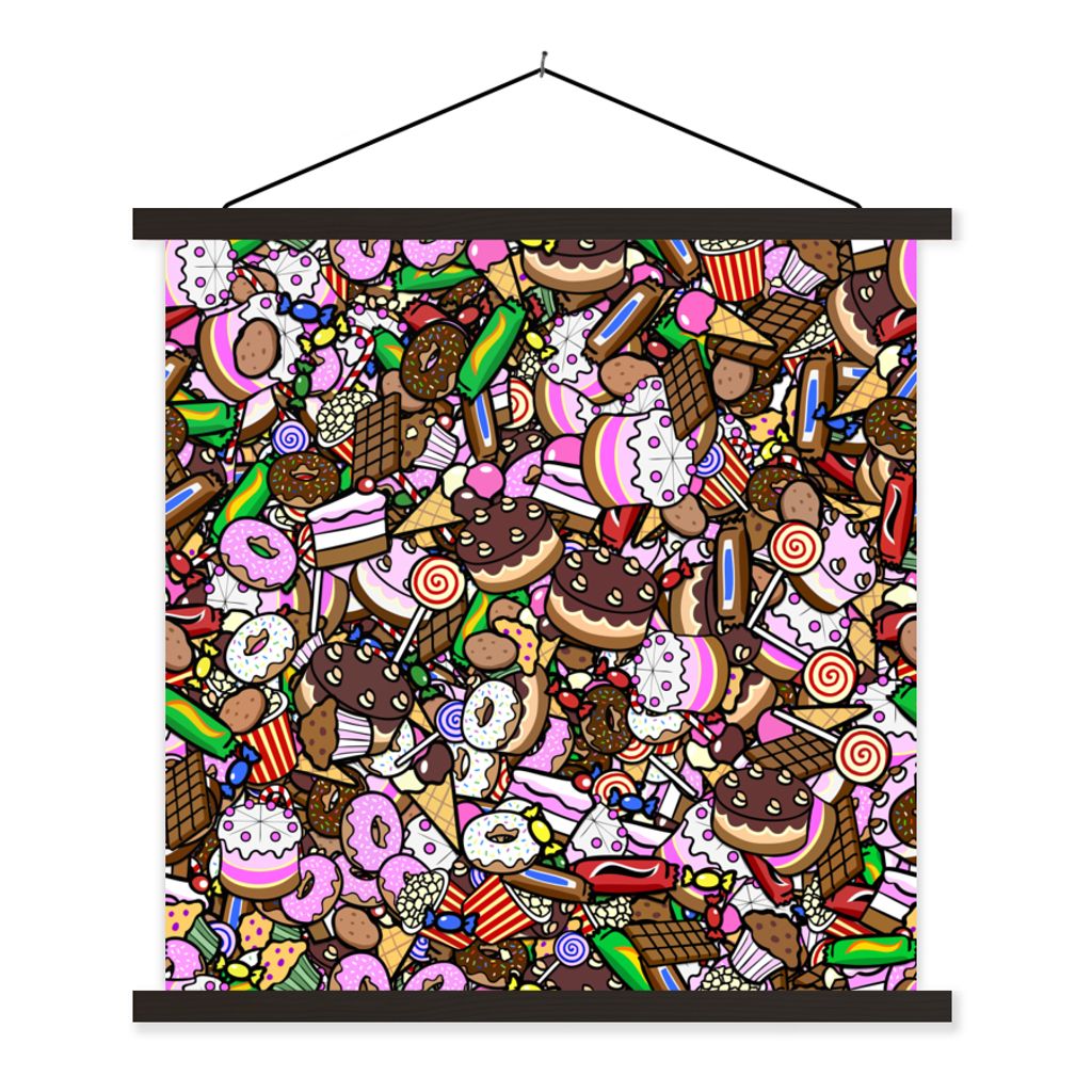 MuchoWow Textilposter Süßigkeiten - Design - Schokolade - Kuchen - Lutscher - Kinder 60x60 cm mit schwarzem Rahmen - Posteraufhänger