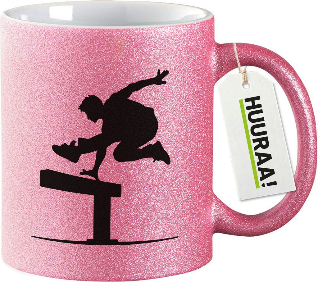 Huuraa Glitzertasse Parkour Freerunning 330ml Pink Keramik Kaffeebecher Geschenkidee