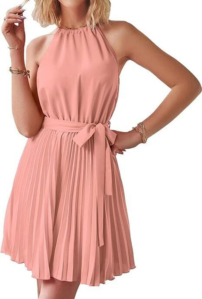 Damen Sommerkleider mit Neckholder, Ärmelloses Strandkleid mit Gürtel, Plissiert, A-Linie, Cocktailparty Minikleid