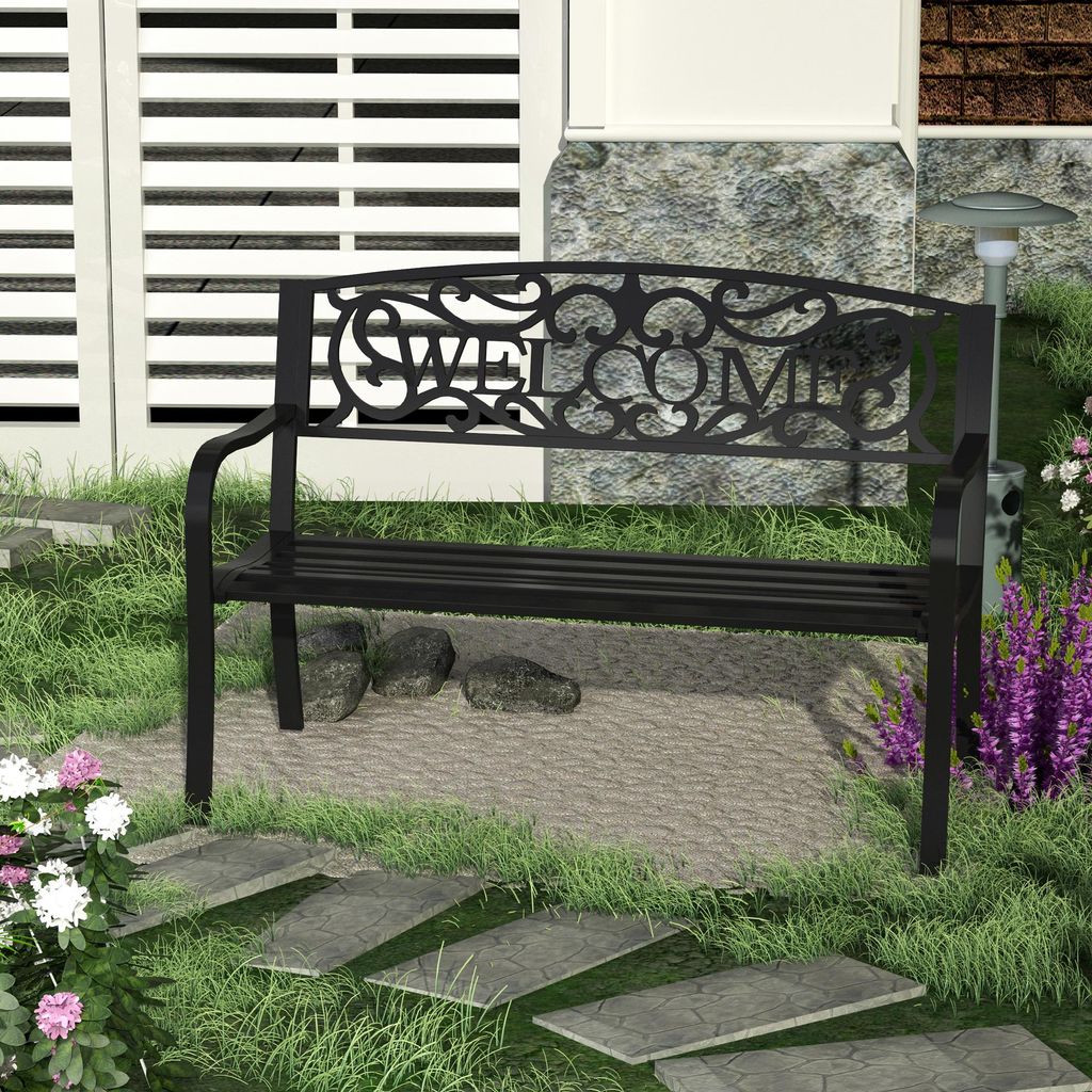 Gartenbank 2-Sitzer, Parkbank mit WELCOME-Schriftzug, Metall-Sitzbank Gusseisen pulverbeschichtet, Schwarz | 127 x 60 x 87 cm | 14,5 kg | wetterfest