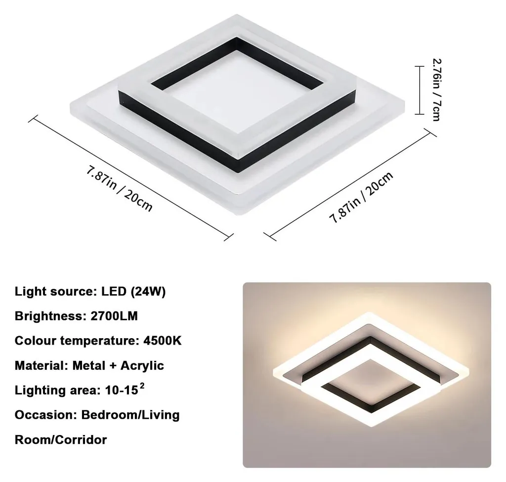 Plafonnier LED Carré 24W Noir - Solution Éclairage Puissant Sans Éblouir