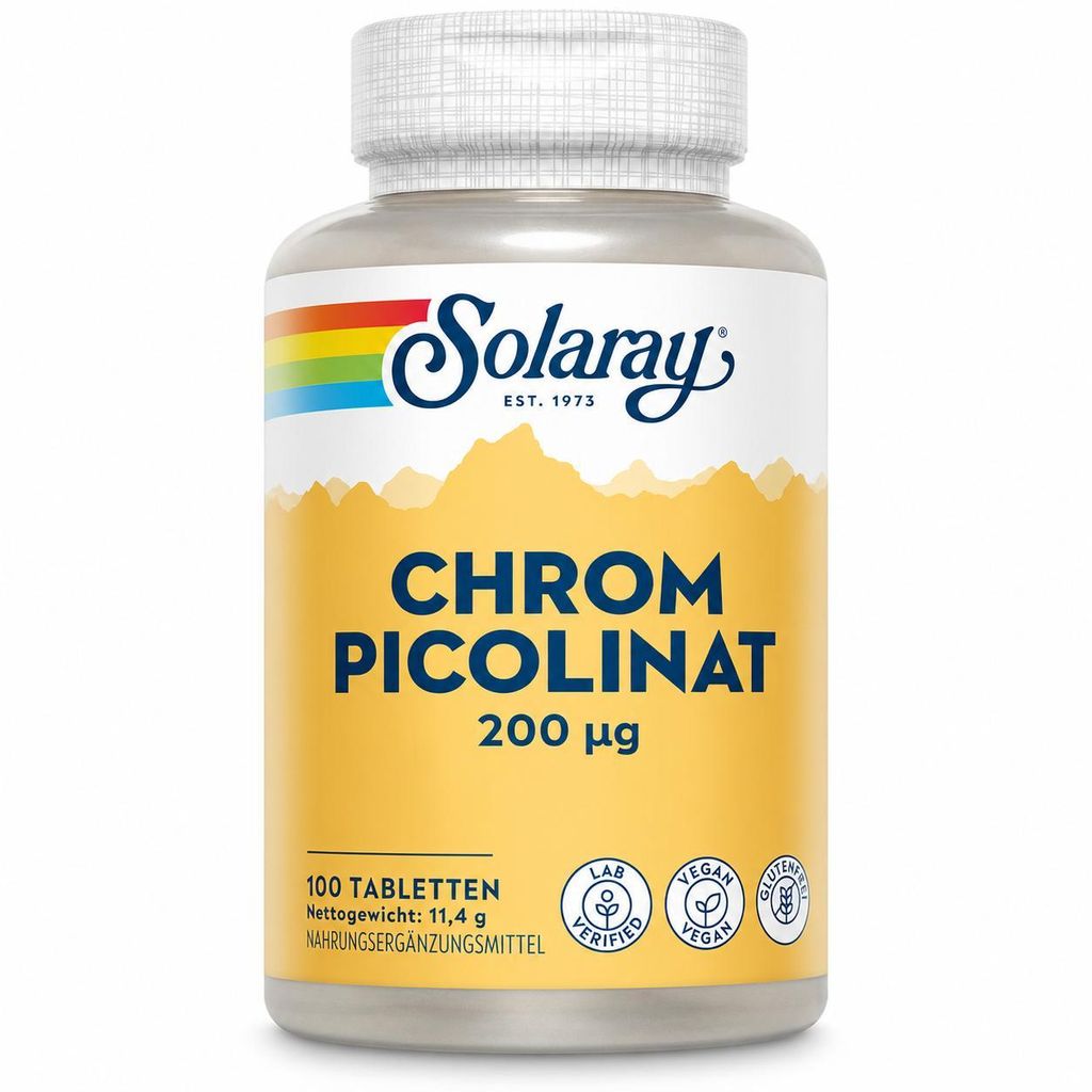 Solaray Chrom Picolinat 200 μg – 100 vegane Tabletten – Hochbioverfügbares Chelat-Supplement für Männer & Frauen – Labor & GMO-frei