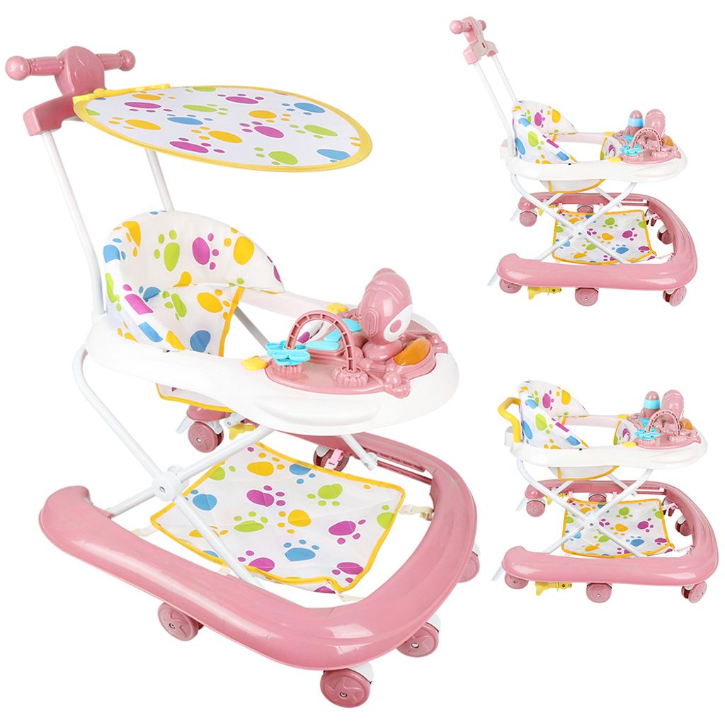 4in1 Lauflernhilfe Babywalker Kinderwagen Babywippe mit Spielset und Musik,Faltbarer Lauflernwagen mit Schiebegriff für ab 6 Monaten Rosa