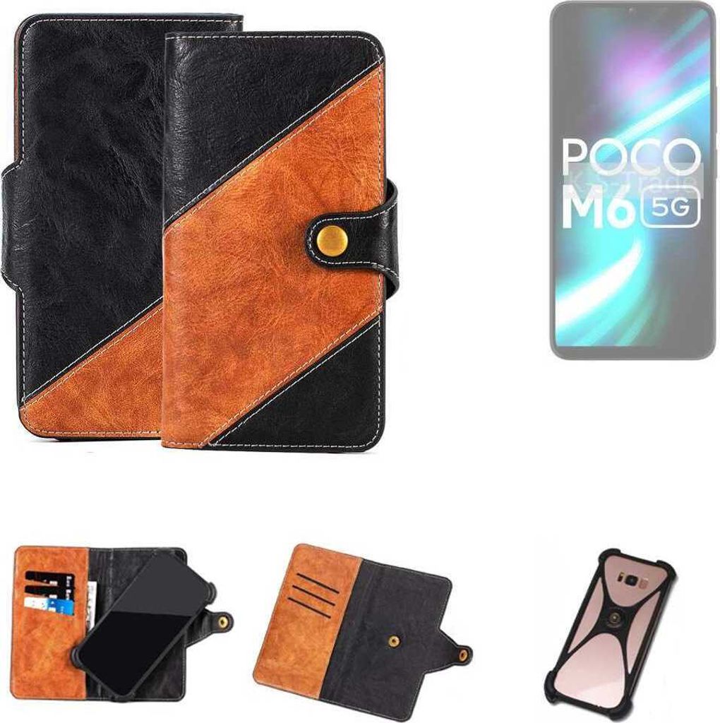 K-S-Trade Handyhülle Schutzhülle Bookstyle Case Wallet-Case kompatibel mit POCO M6 5G Handy Cover Bumper Klapphülle schwarz hellbraun 1x
